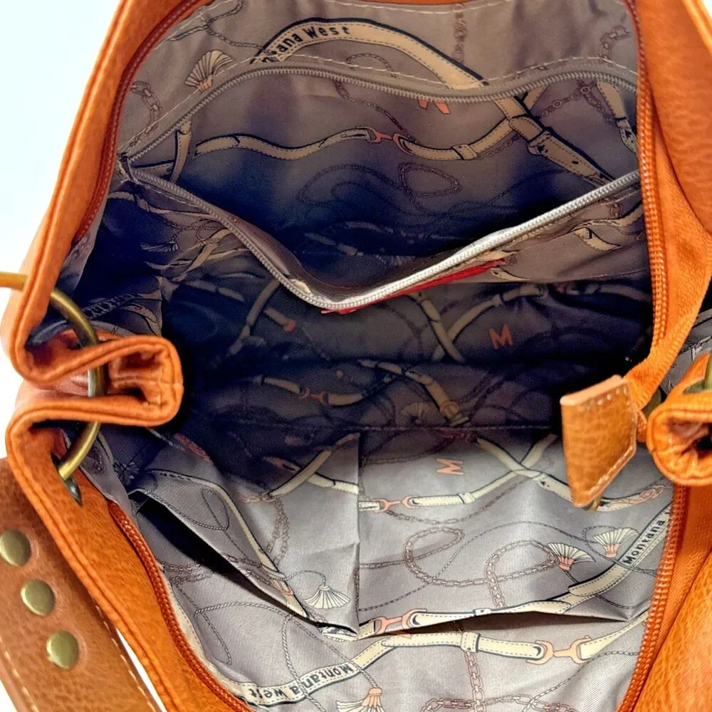 Montana West Hobo Tote Shoulder Bag Orange Brown Faux Leather Equestrian Lined